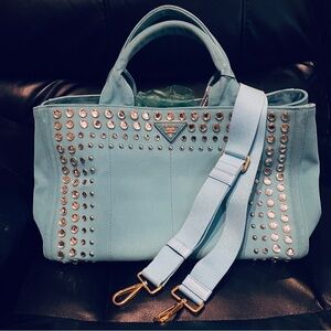 Prada Turquoise Studded Canvas Tote with Detachable Strap COA
